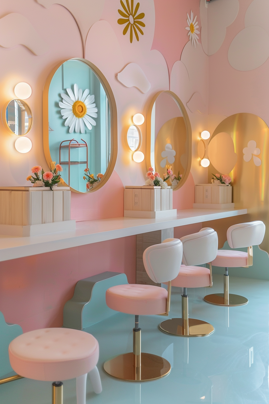 Nail salon design. Pastel manicure tables, geometric mirrors, daisy wall decals, gold-tone accessories.