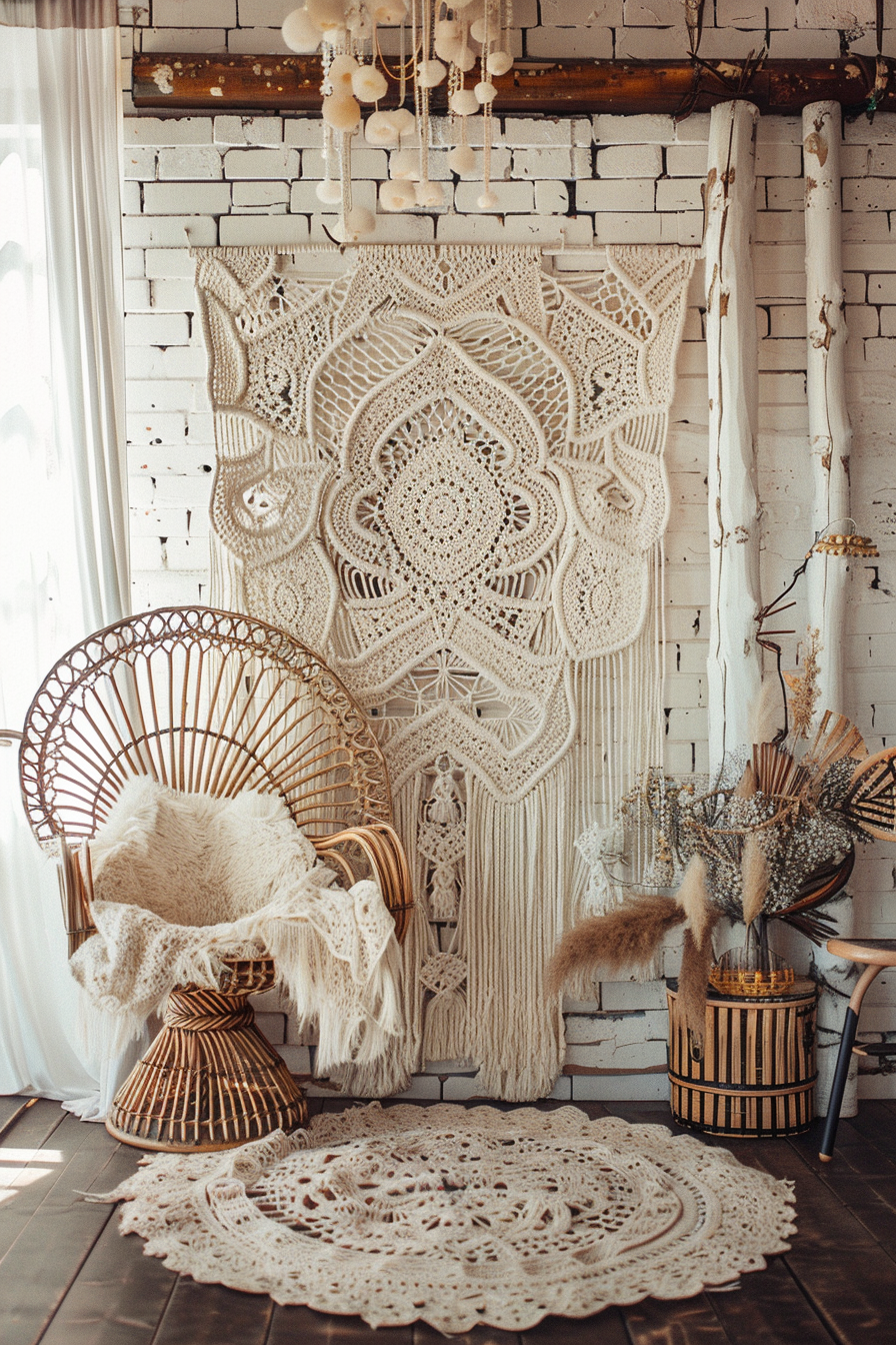 Wedding decoration. Macrame backdrop with ivory lace and peacock chair.