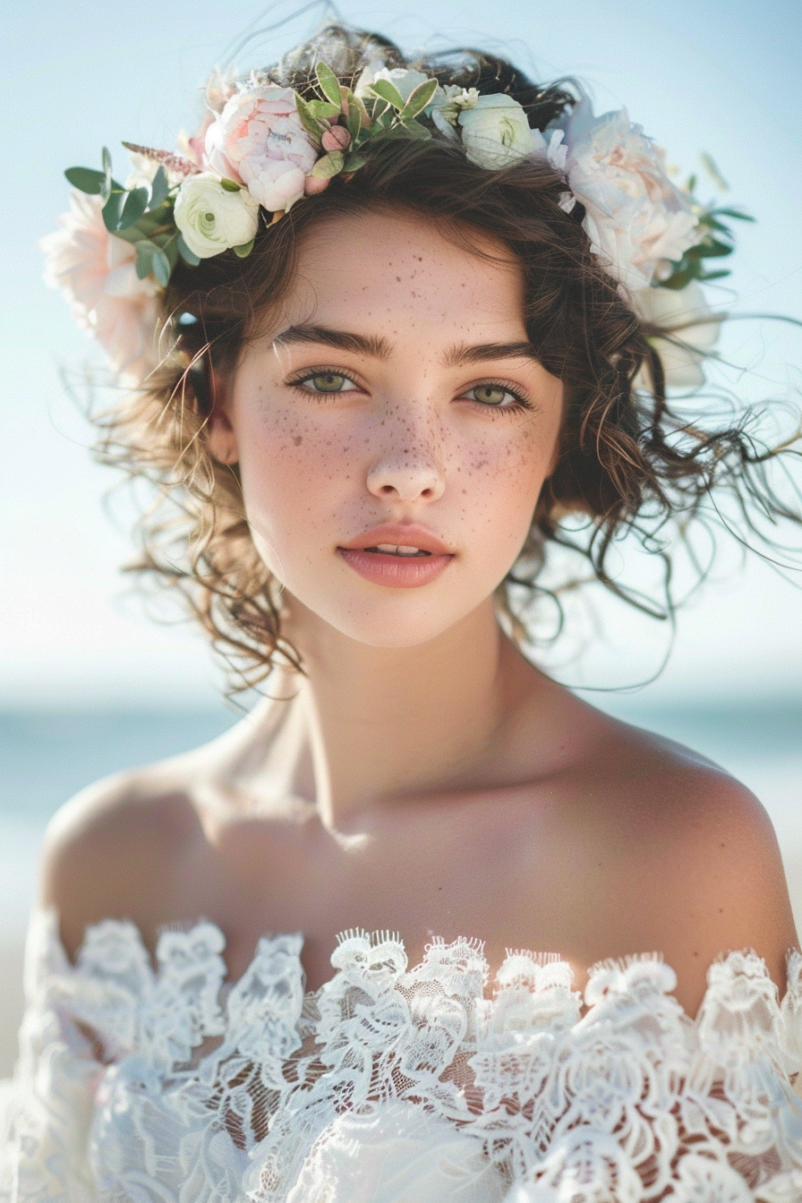 Beach wedding outfit. Off shoulder laced white dress with flower crown.