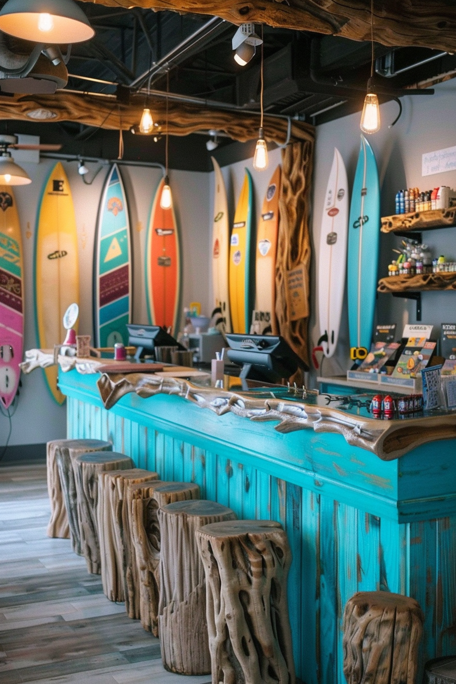 Surf shop design. Turquoise cash counter bordered with driftwood, adorned with colorful miniature surfboards.