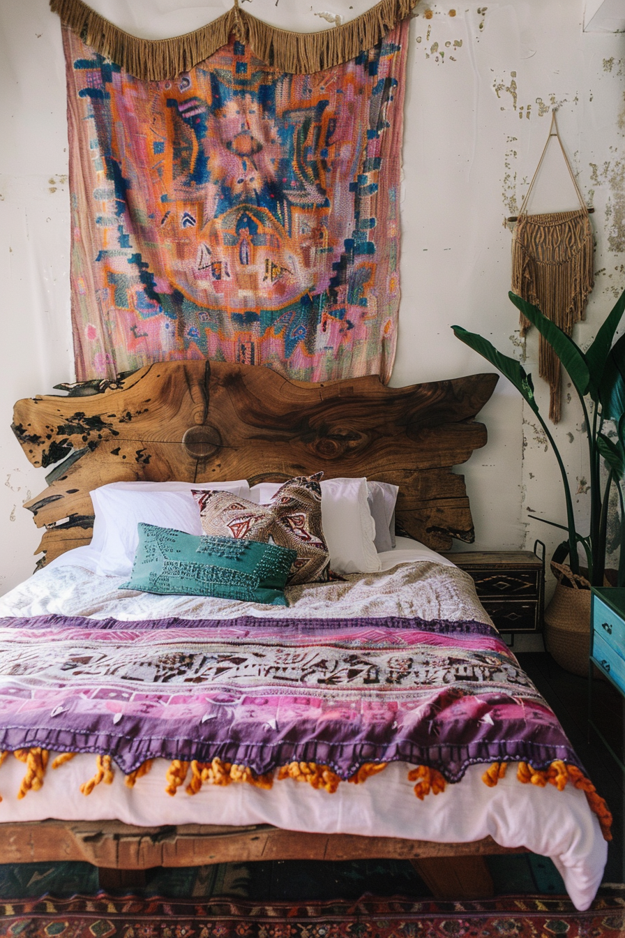 Bohemian Inspired Bedroom Design. Distressed wood headboard against tie-dye wall tapestry.