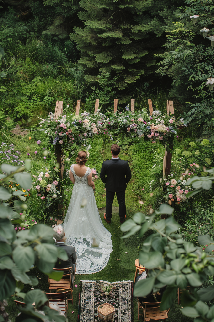 Wedding scene. Full bird's-eye view of boho-themed nuptials under a floral arch.