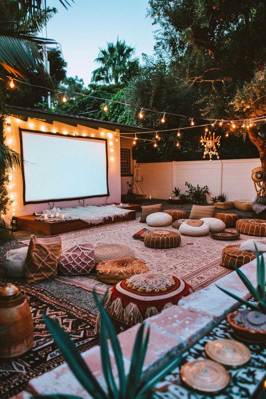 Backyard movie night. Projector screen, macramé throw pillows, fairy lights, Moroccan rug.