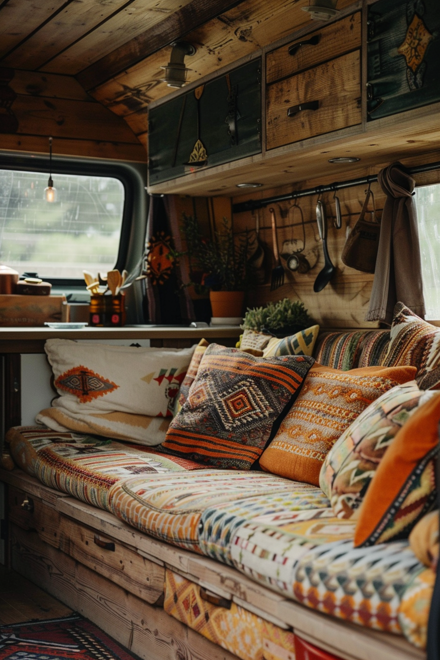 Converted Sprinter van camper. Boho patterned cushions on wooden interior.