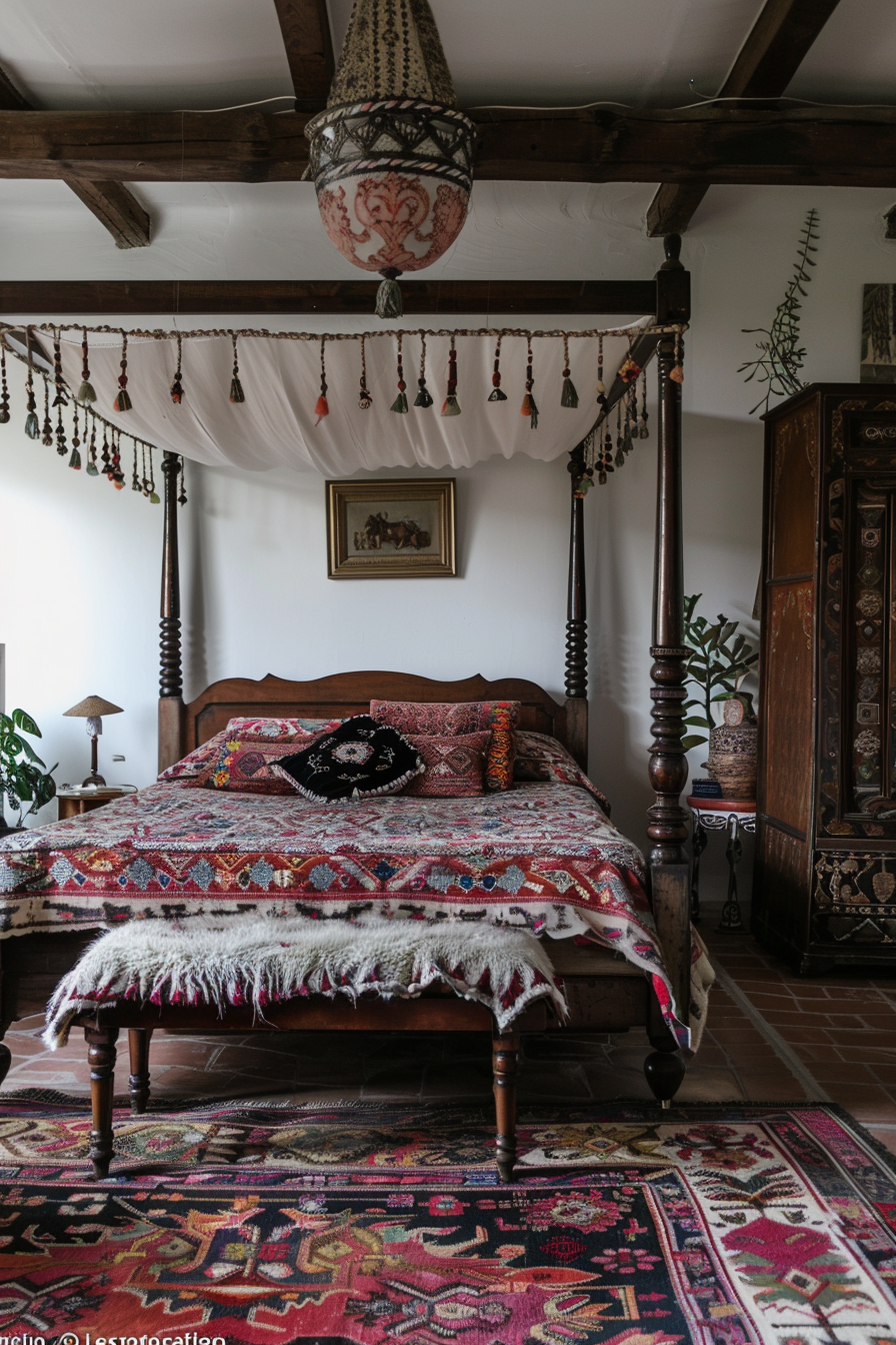 Bohemian bedroom design. Antique canopy bed, plush tribal-patterned ottoman, decorative Moroccan rug.