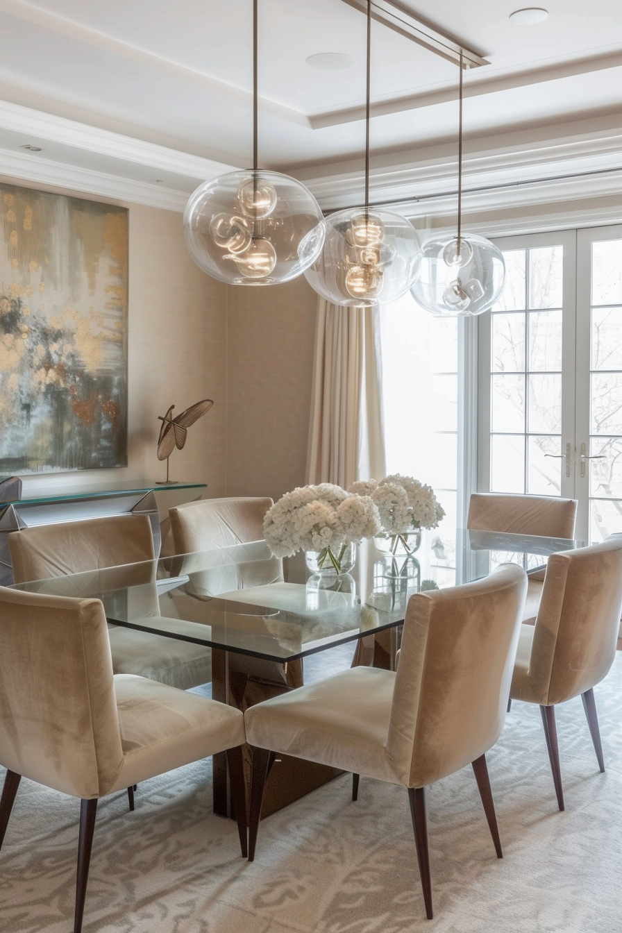 Dining room. Glass top table with plush beige velvet chairs.