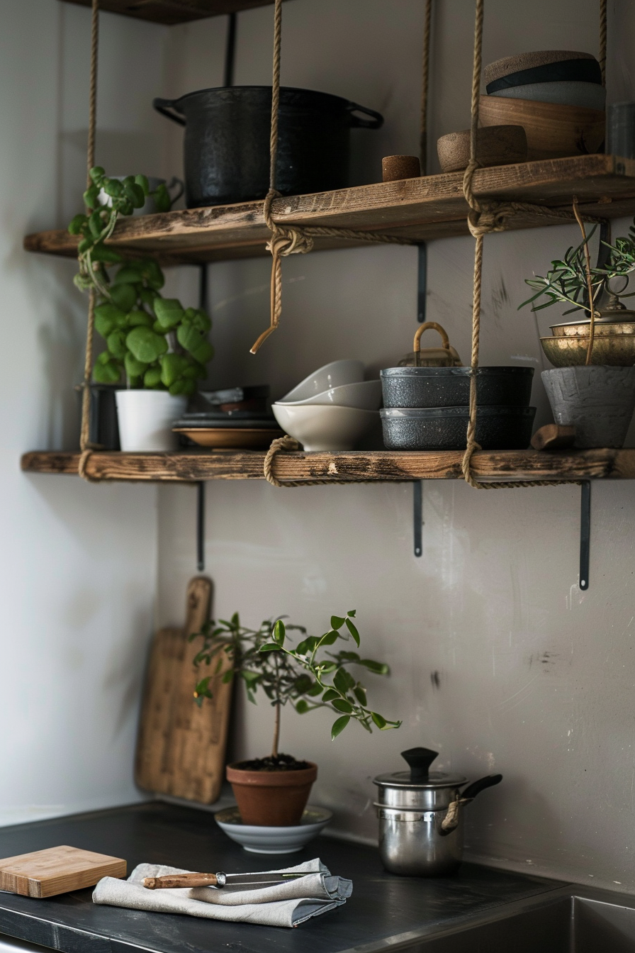 Japandi kitchen corner. Hanging wooden shelves with potted bonsai and bamboo cookware.