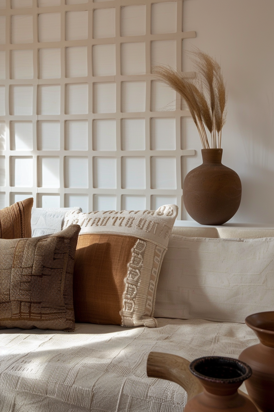 Japandi x Aztek bedroom design. White walls adorned with rectangular patterns.