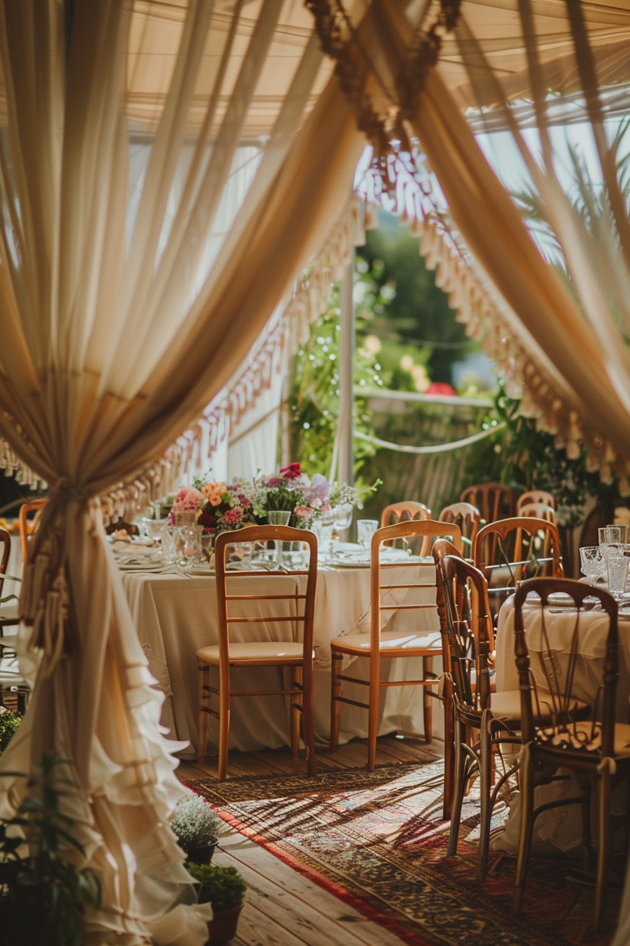 Full-whatever view. wedding. Silk tent, flowing curtains, macrame details, mismatched chairs.