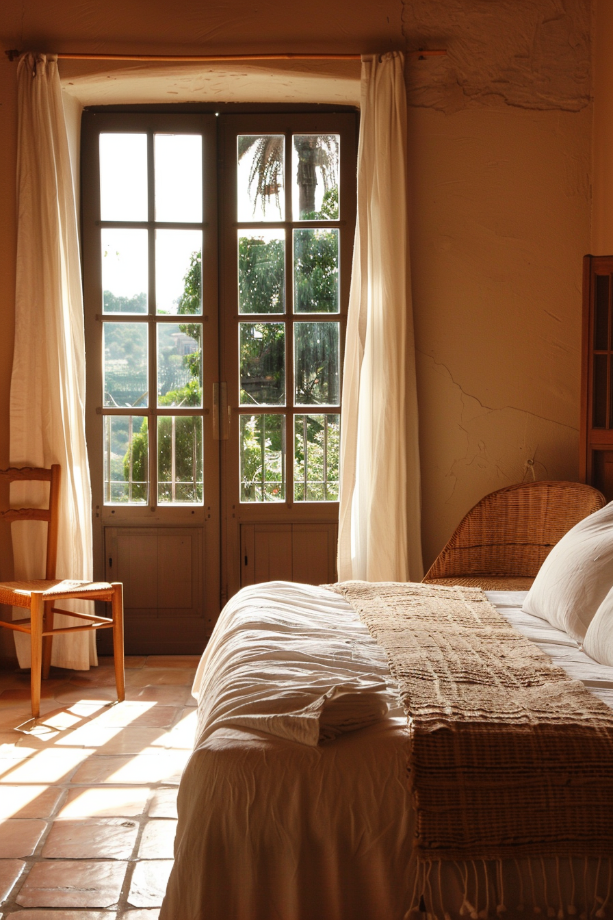 Hotel room. Warm terracotta hues, crisp linen bedding, woven rattan furniture, floor-to-ceiling window.