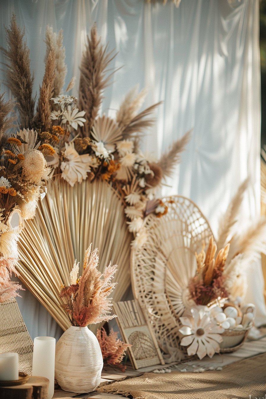 Boho wedding decoration. Wide view of woven rattan perarpal with dried pampas grass.