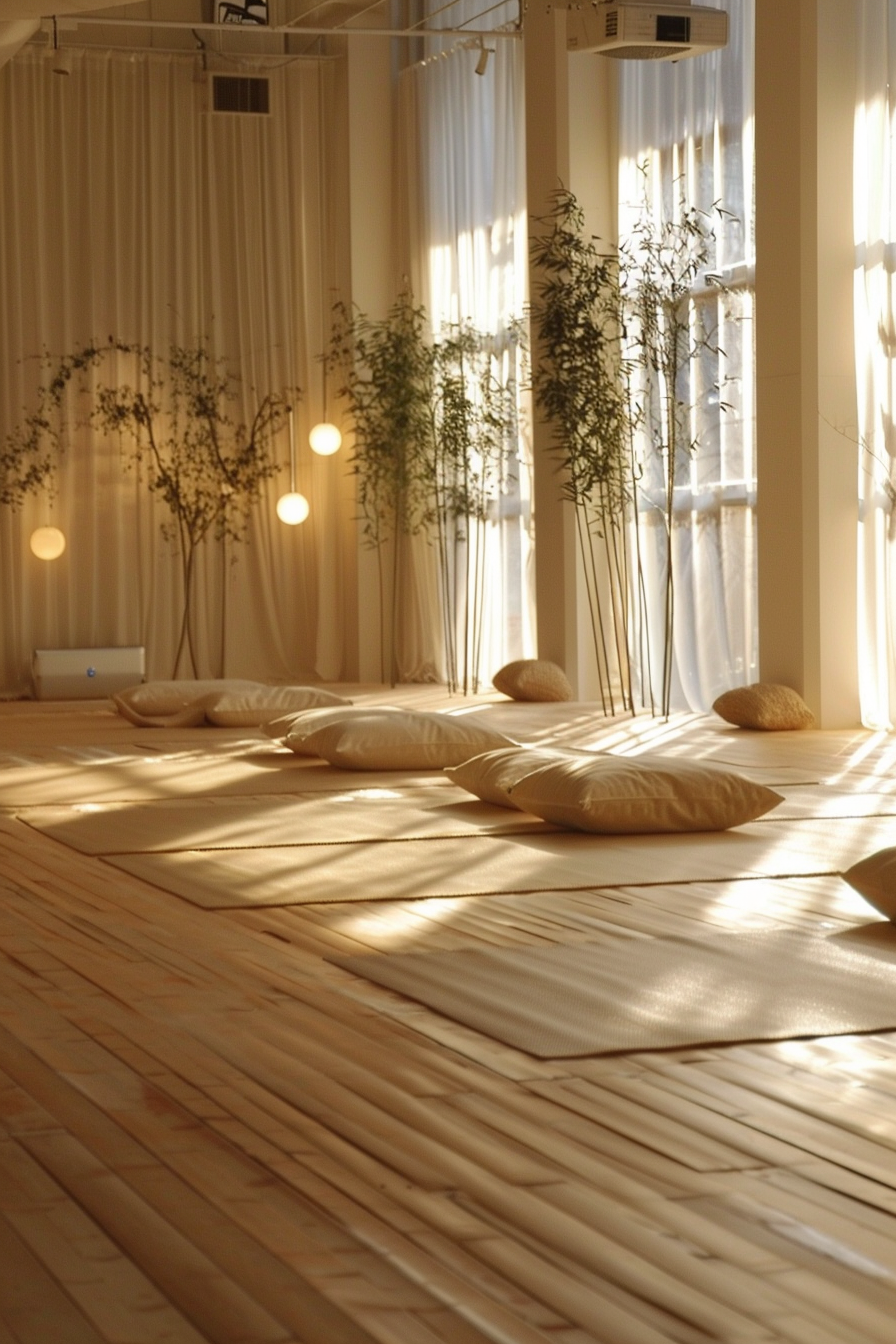 Japandi yoga studio. Wide bamboo floors, diffused light, indoor bamboo shrubs.