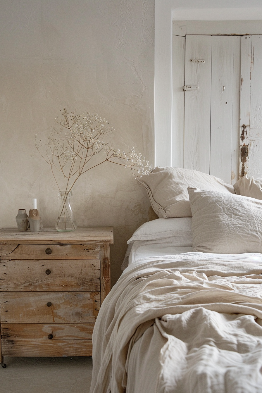 Neutral bedroom. Soft beige bedding with whitewashed wooden furniture.