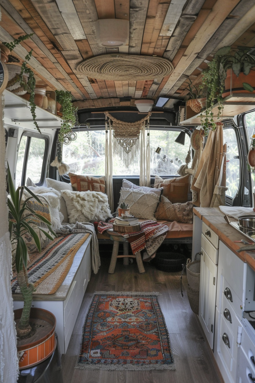 Converted Sprinter van camper view. Oakwood furnishings, macrame hangings, muted kilim rug.