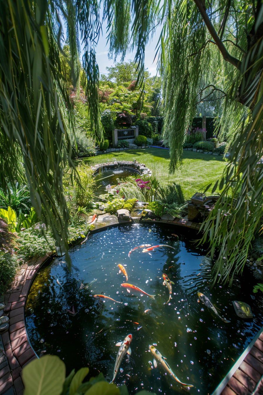 Beautiful backyard view. Koi pond surrounded by weeping willows.