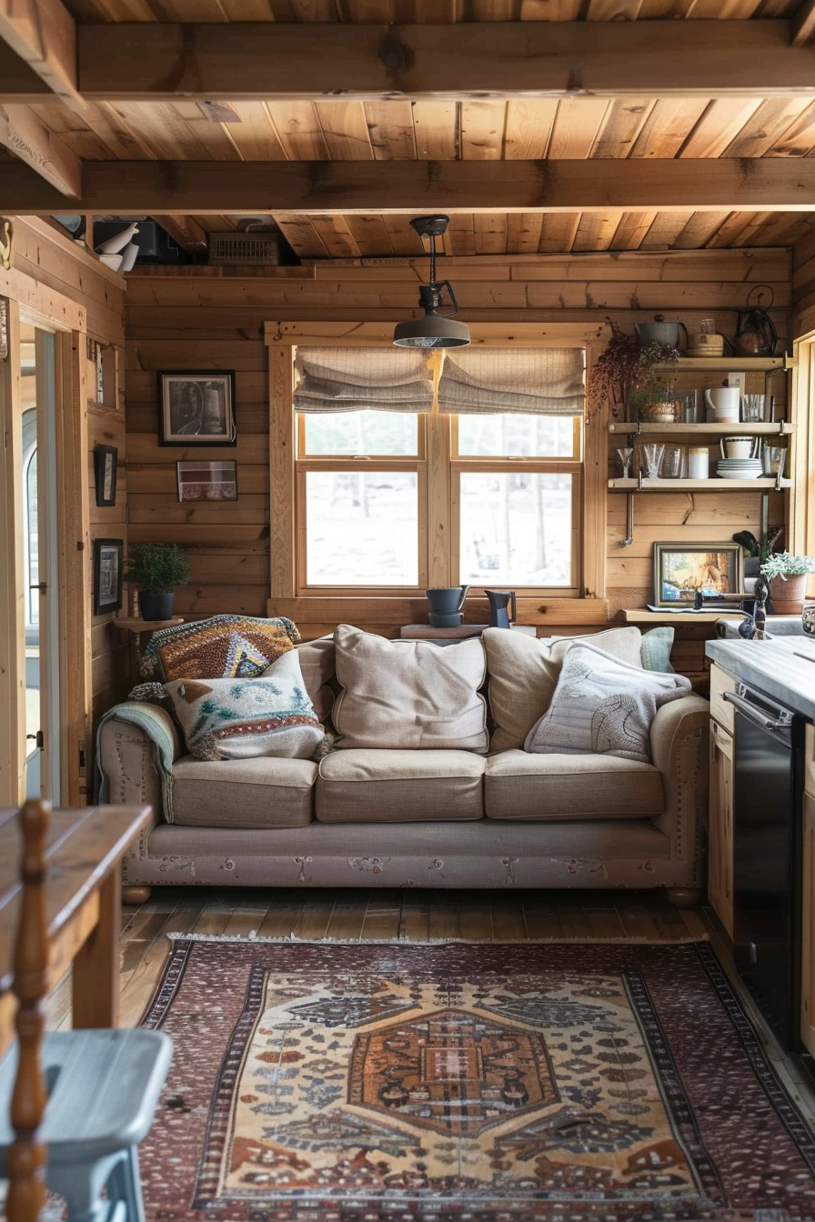 Tiny house design. Wood paneling, natural light, and cozy furnishings.