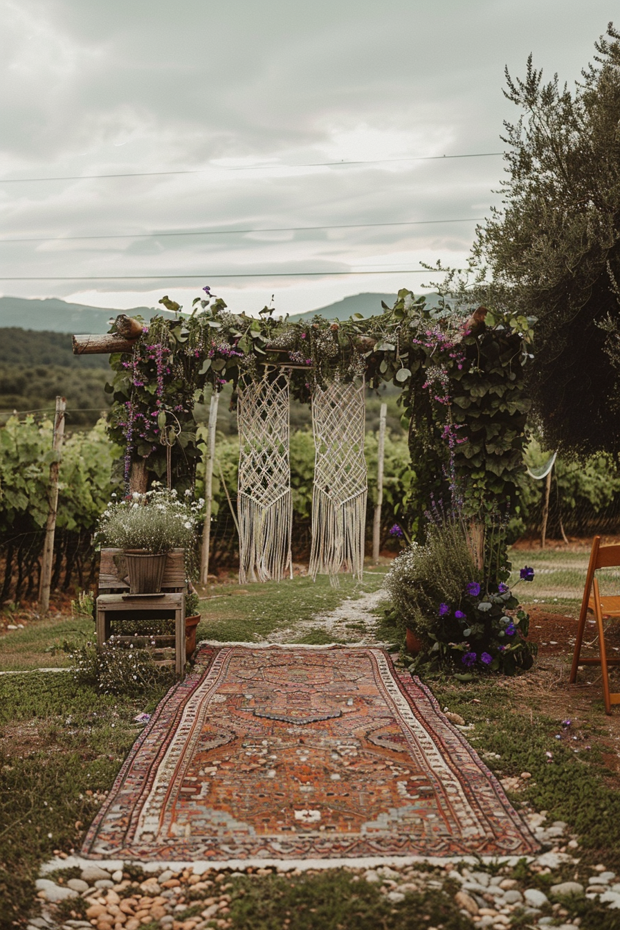 Boho wedding. Wooden arch with ivy and lavender, macrame backdrop under open sky.