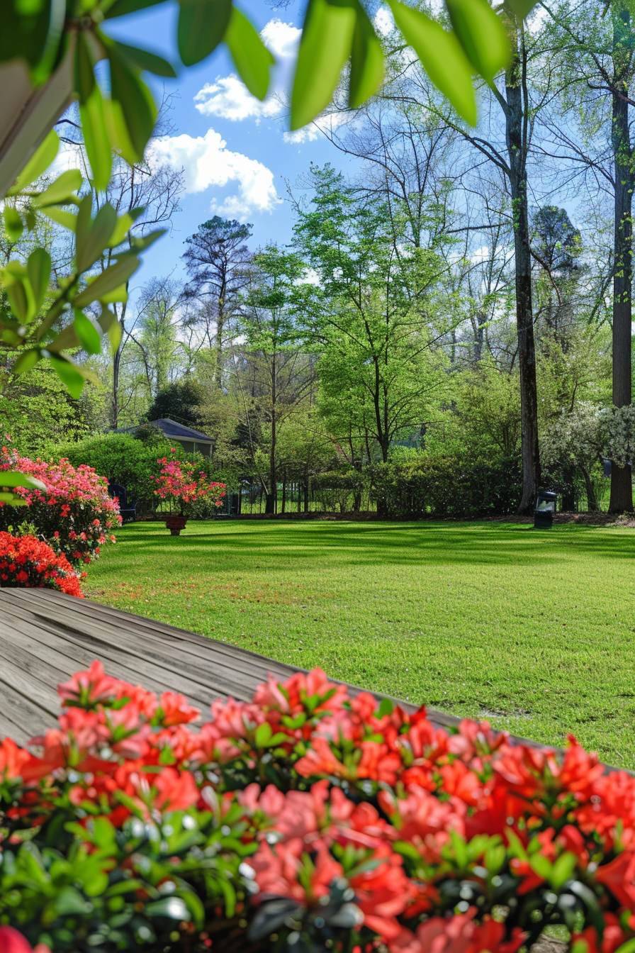 View from deck. Beautiful backyard with manicured lawn and vibrant azaleas.