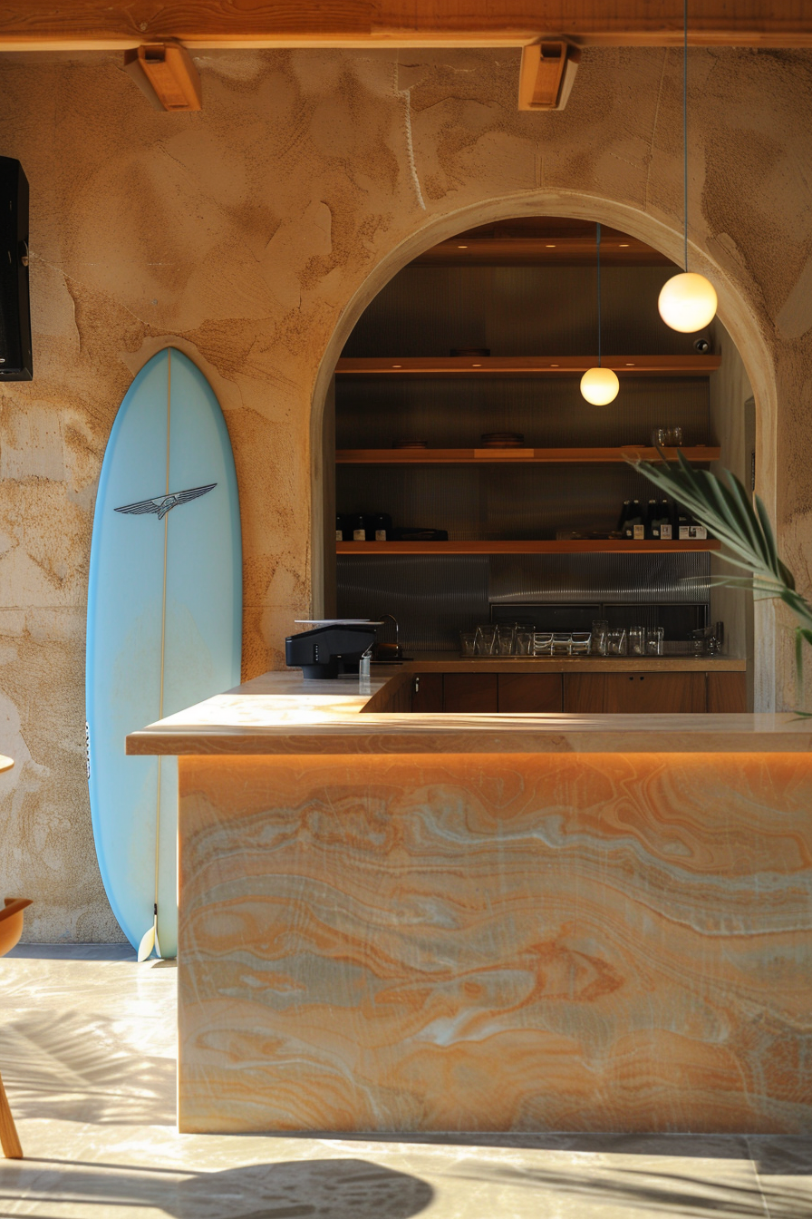 Surf shop design. Blue Regulation Surfboard leaned against a sand-colored counter.