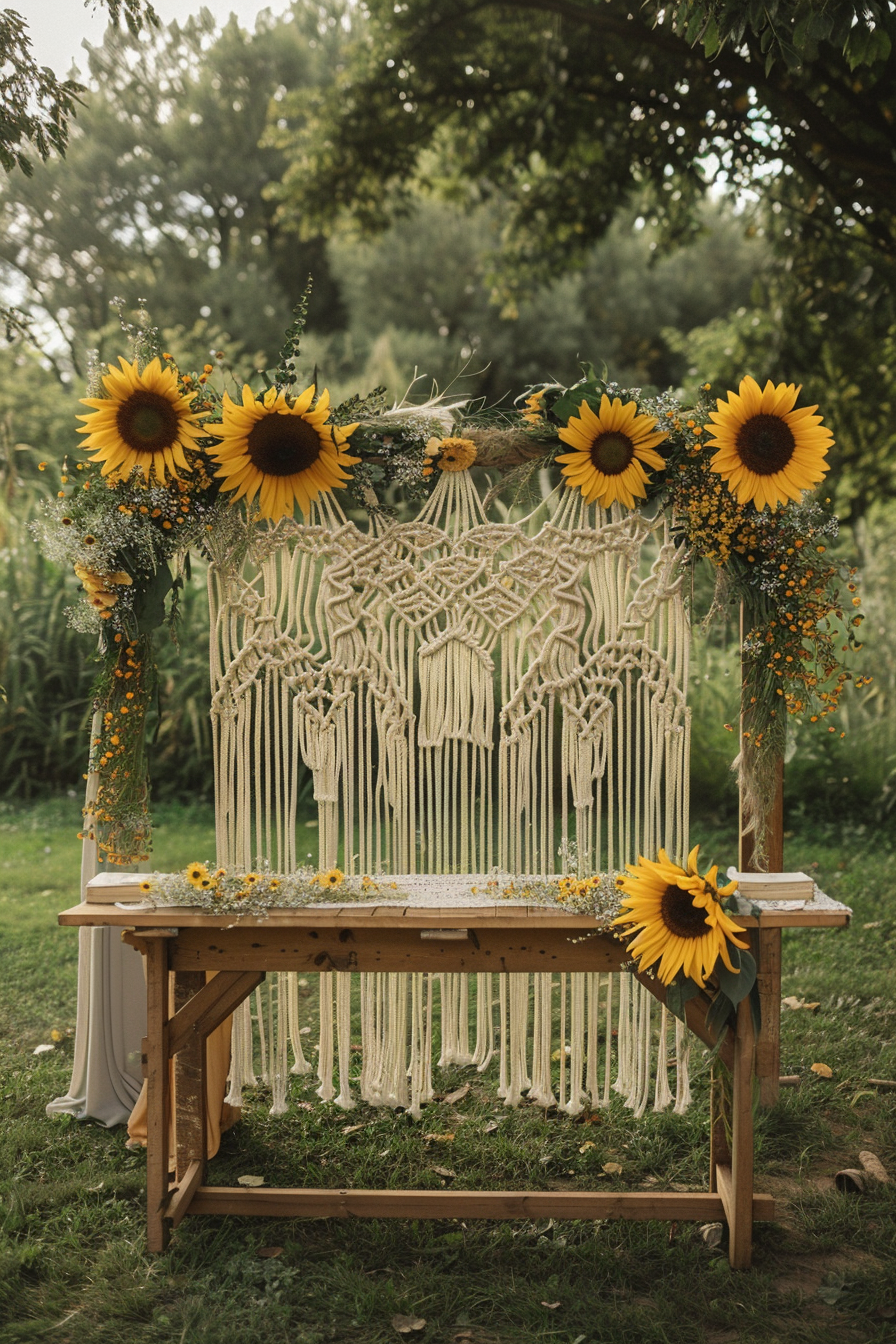 Boho wedding decor. Macrame backdrop with sunflowers on a rustic wooden table.