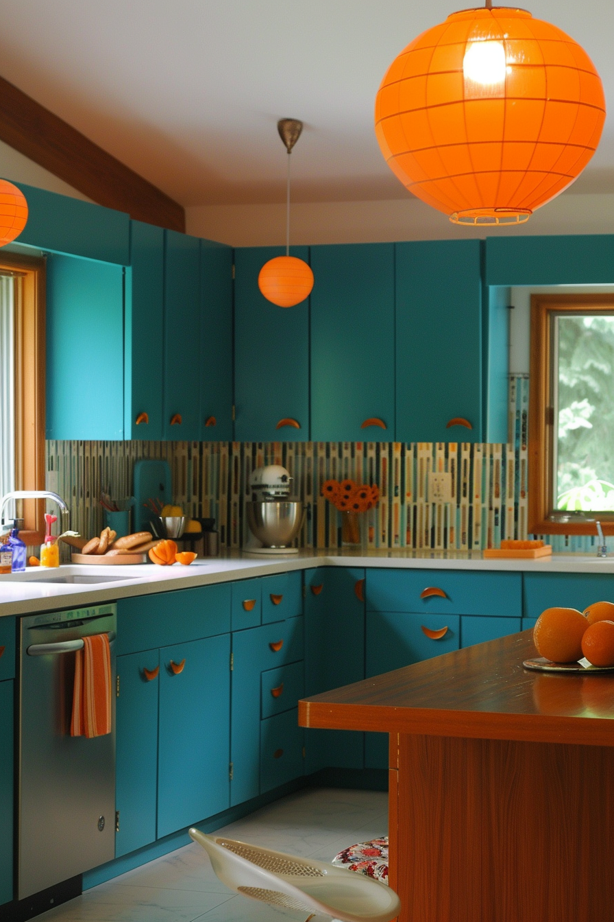 Mid Century Modern Kitchen. Teal cabinets with orange pendant lights.