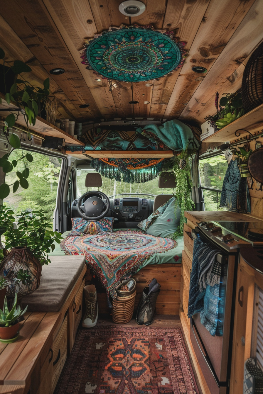 Converted Sprinter van camper. Turquoise mandala tapestry, hanging plants, and birchwood interior.