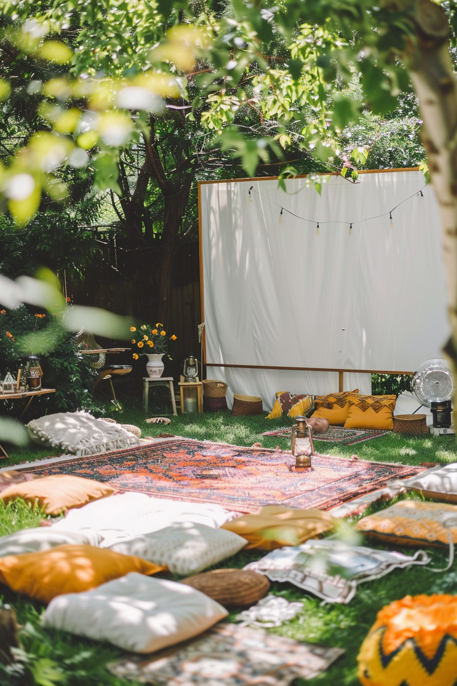 Backyard movie night. Boho picnic with Moroccan floor pillows and white projector screen.