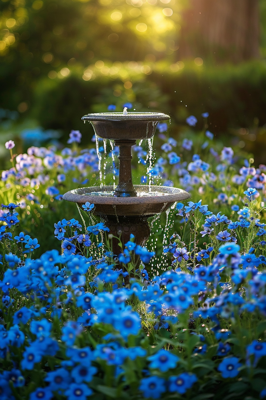 Beautiful backyard view. A bubbling fountain among vibrant blue flowers.