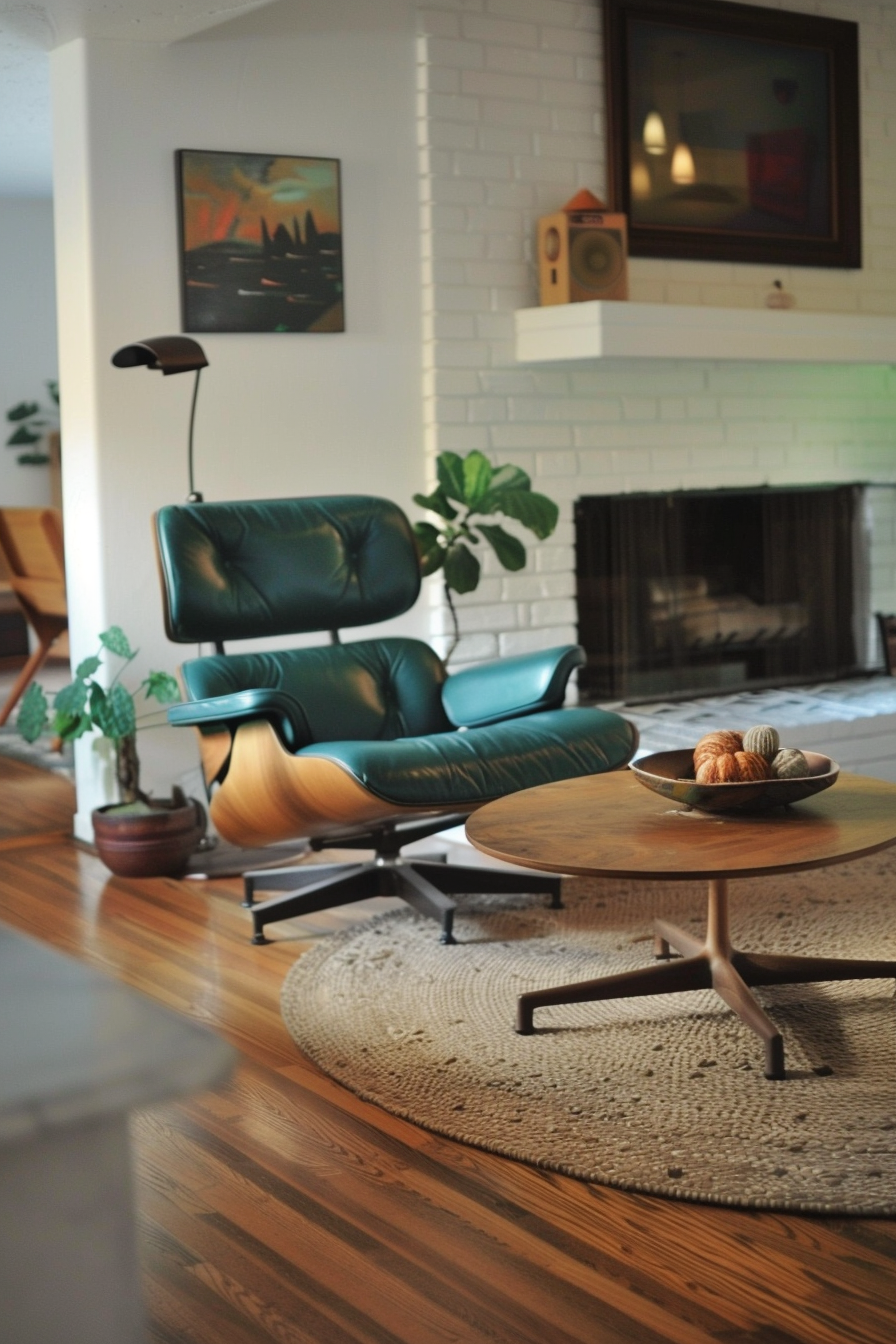 Mid-Century Modern living room. Teal Eames chair with teak coffee table.