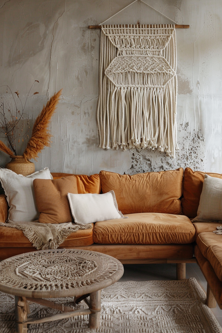 Earthy living room. Suede tan sofa with macrame wall hanging and rattan coffee table.