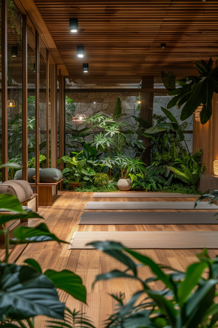 Japandi yoga studio. Bamboo floor, dim lights, tranquil surrounding with an array of green plants.