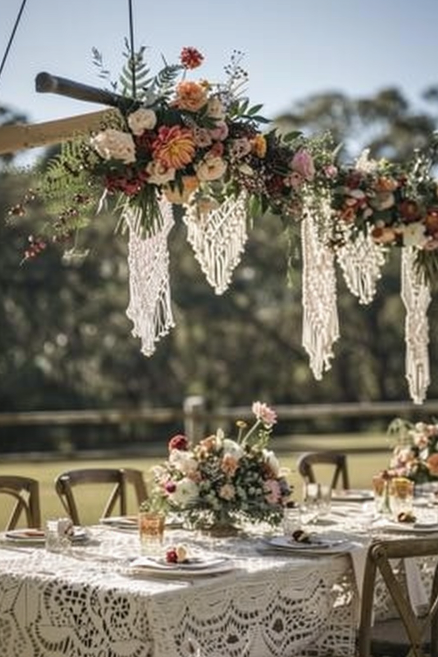 Wedding. Boho theme. Native flower arch, vintage lace tablecloths, macrame hanging embellishments.