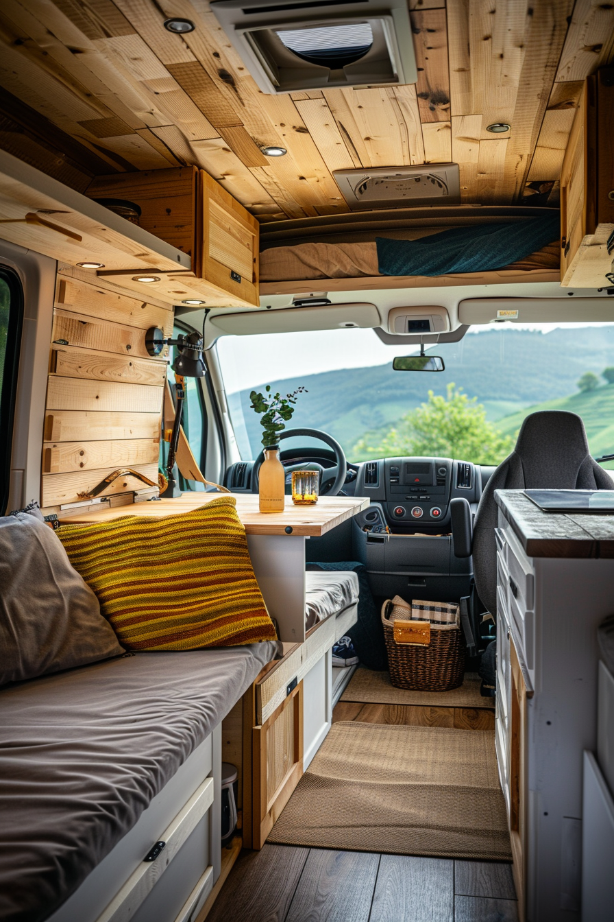 Camper van interior. Foldable desk facing a panoramic window.