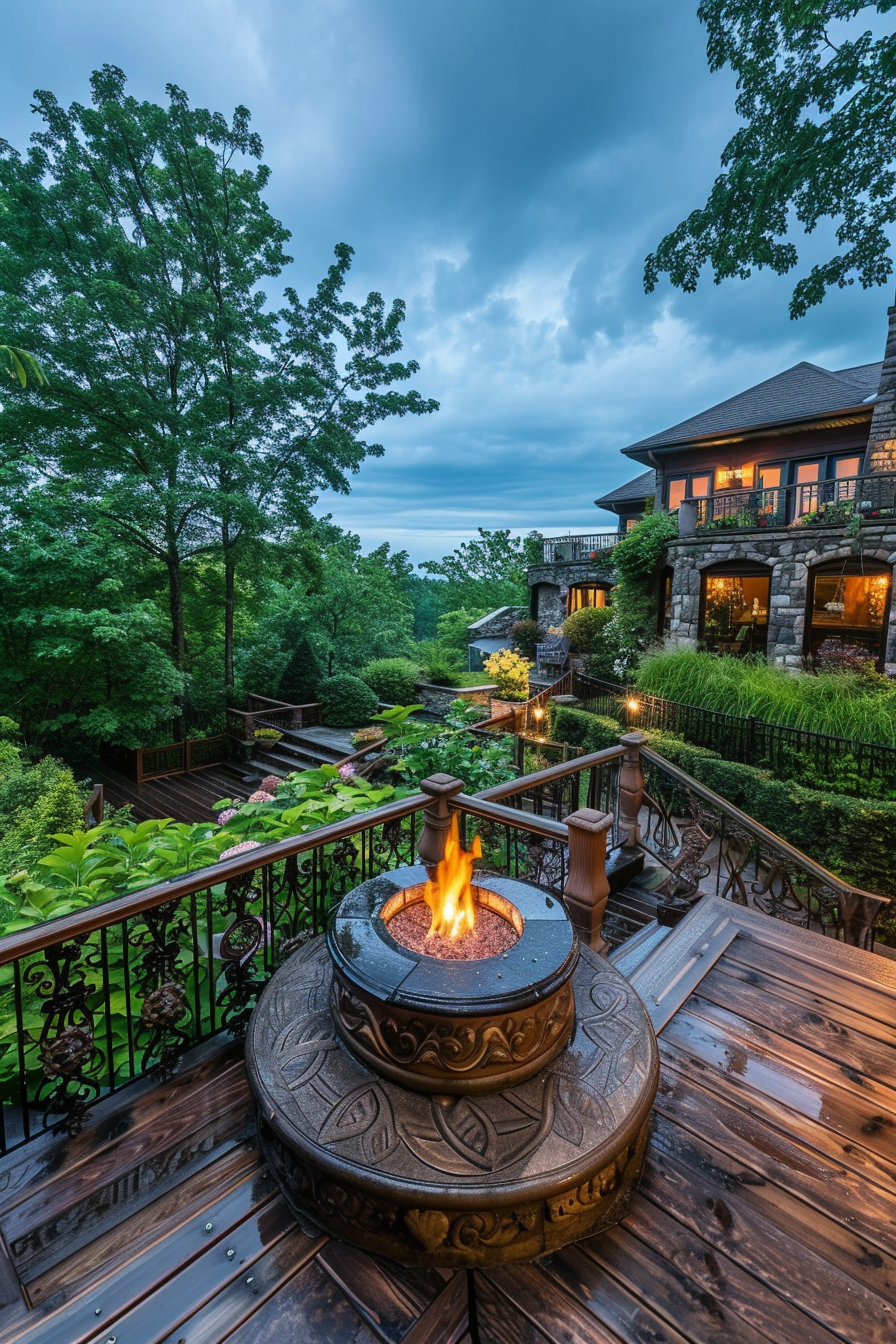 View from a deck. Lush, green backyard with ornate stone fire pit at dusk.