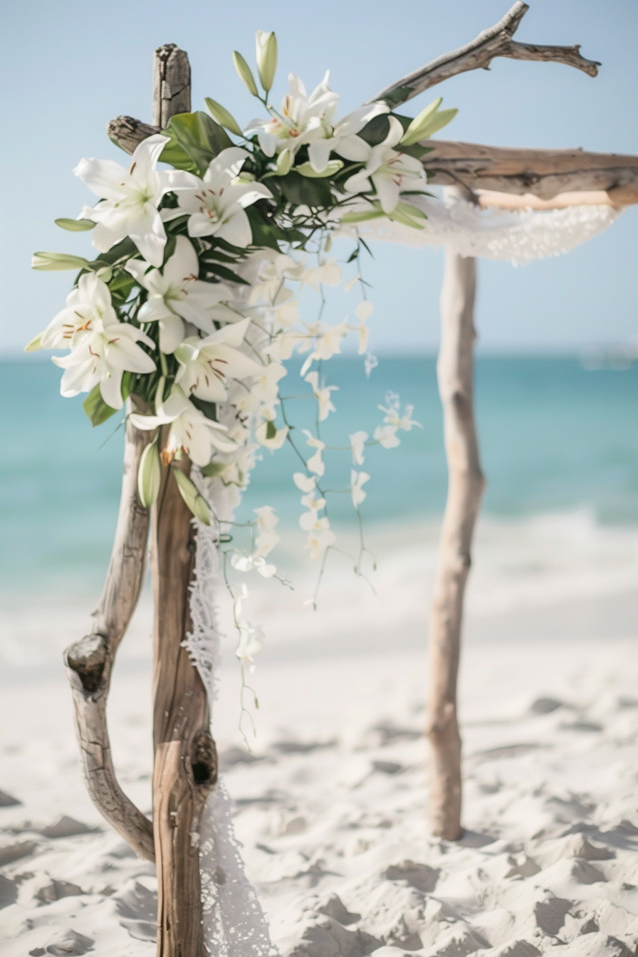 Boho beach wedding. Rustic driftwood arch covered in white lilies and lace.