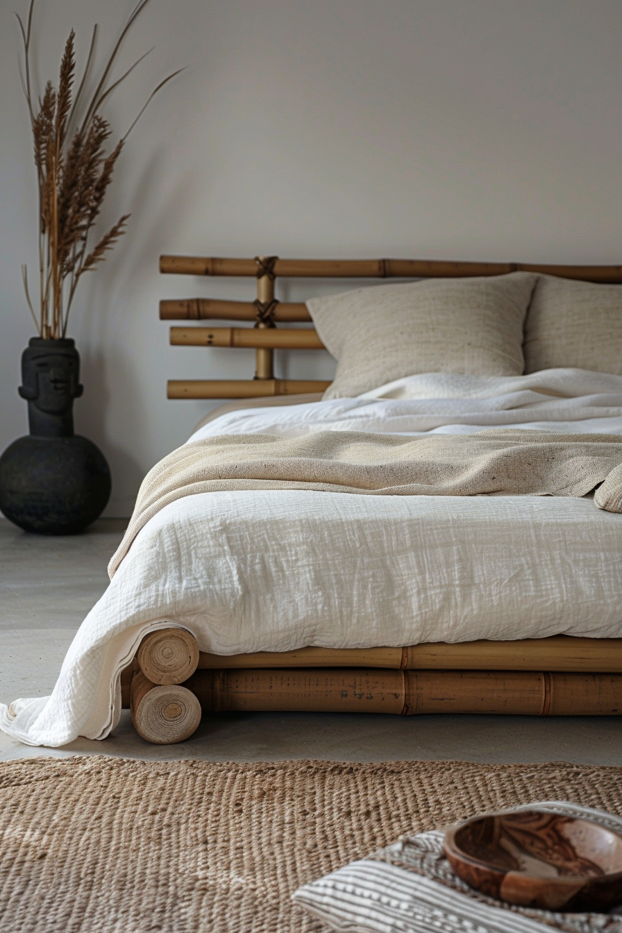 Japandi x Aztek Bedroom Design. Bamboo bed with Aztek cotton throw.