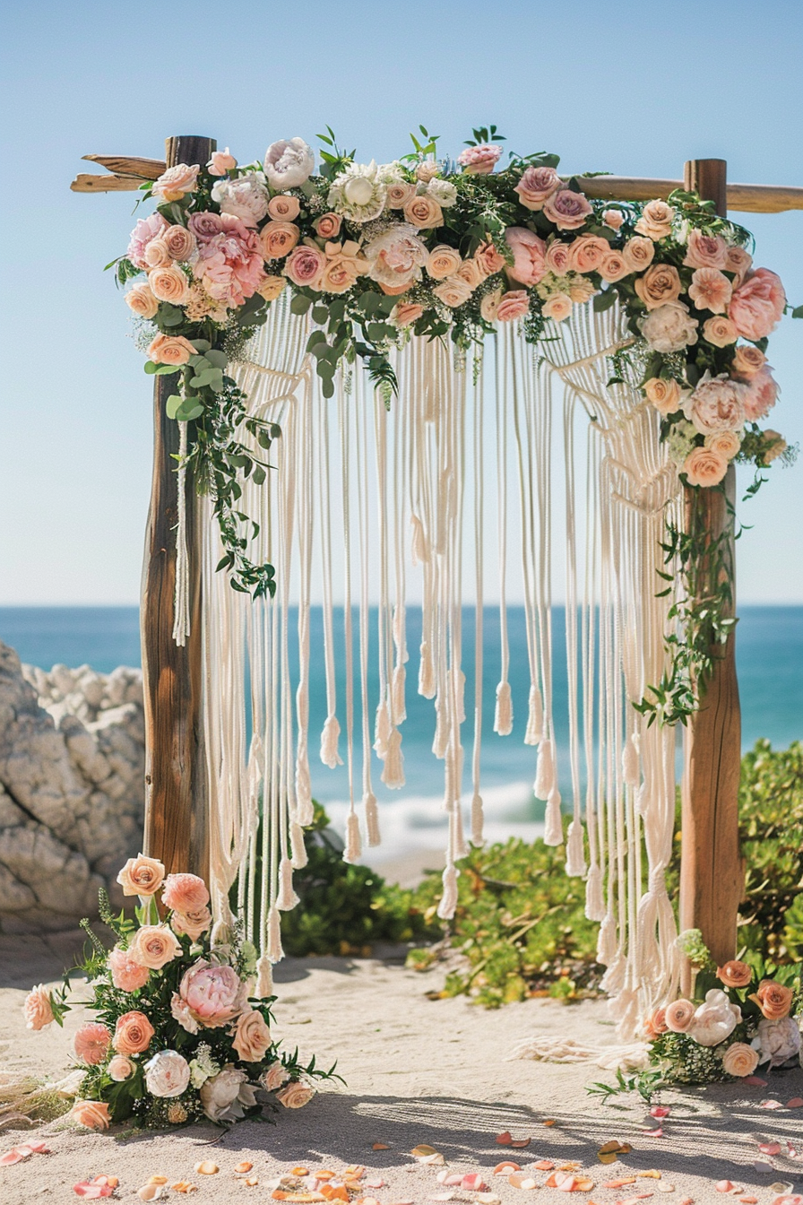 Boho beach wedding. Fringed macrame arbor with blush roses.