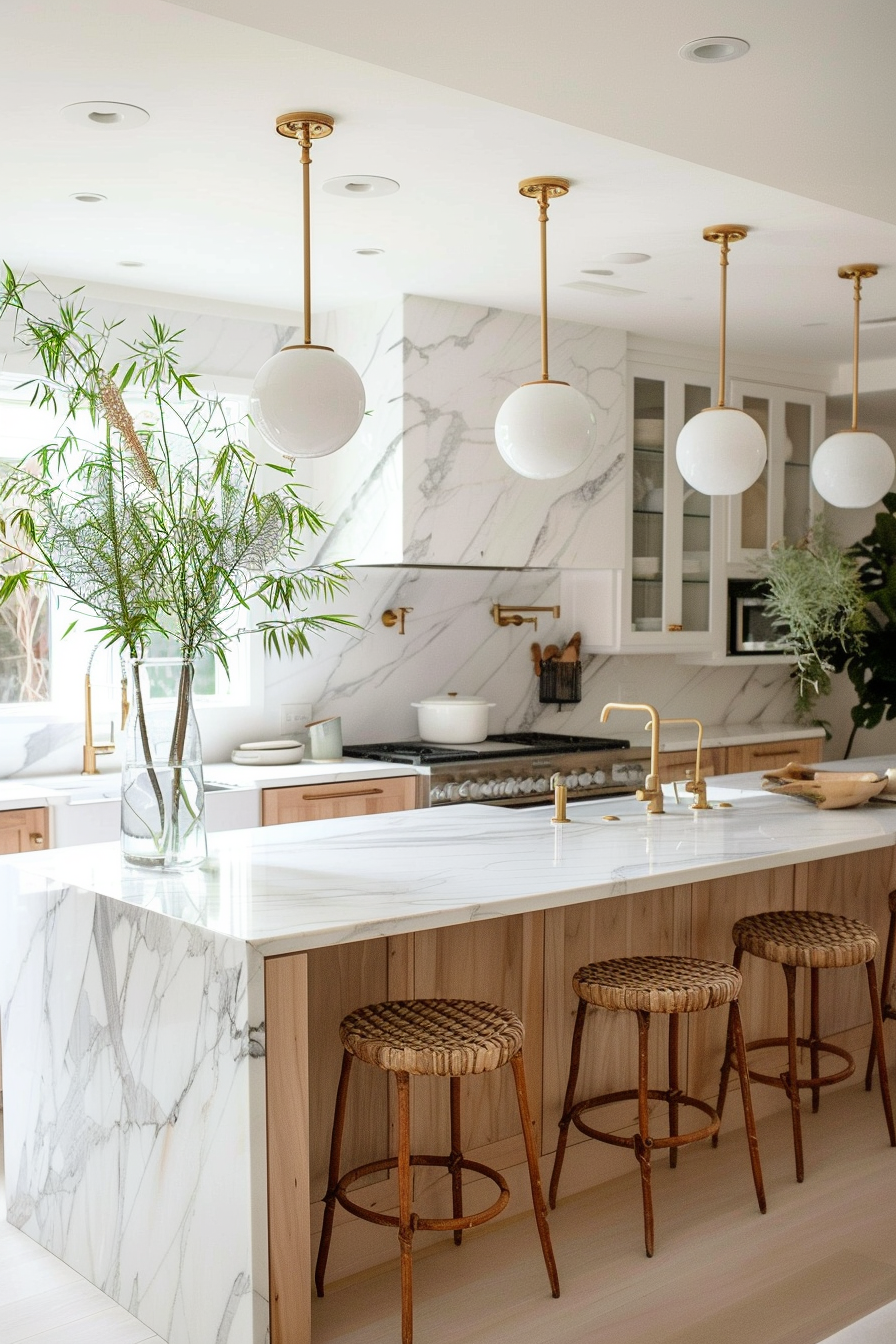 Wide view japandi kitchen. Marble island, wooden stools, indoor bamboo plants.