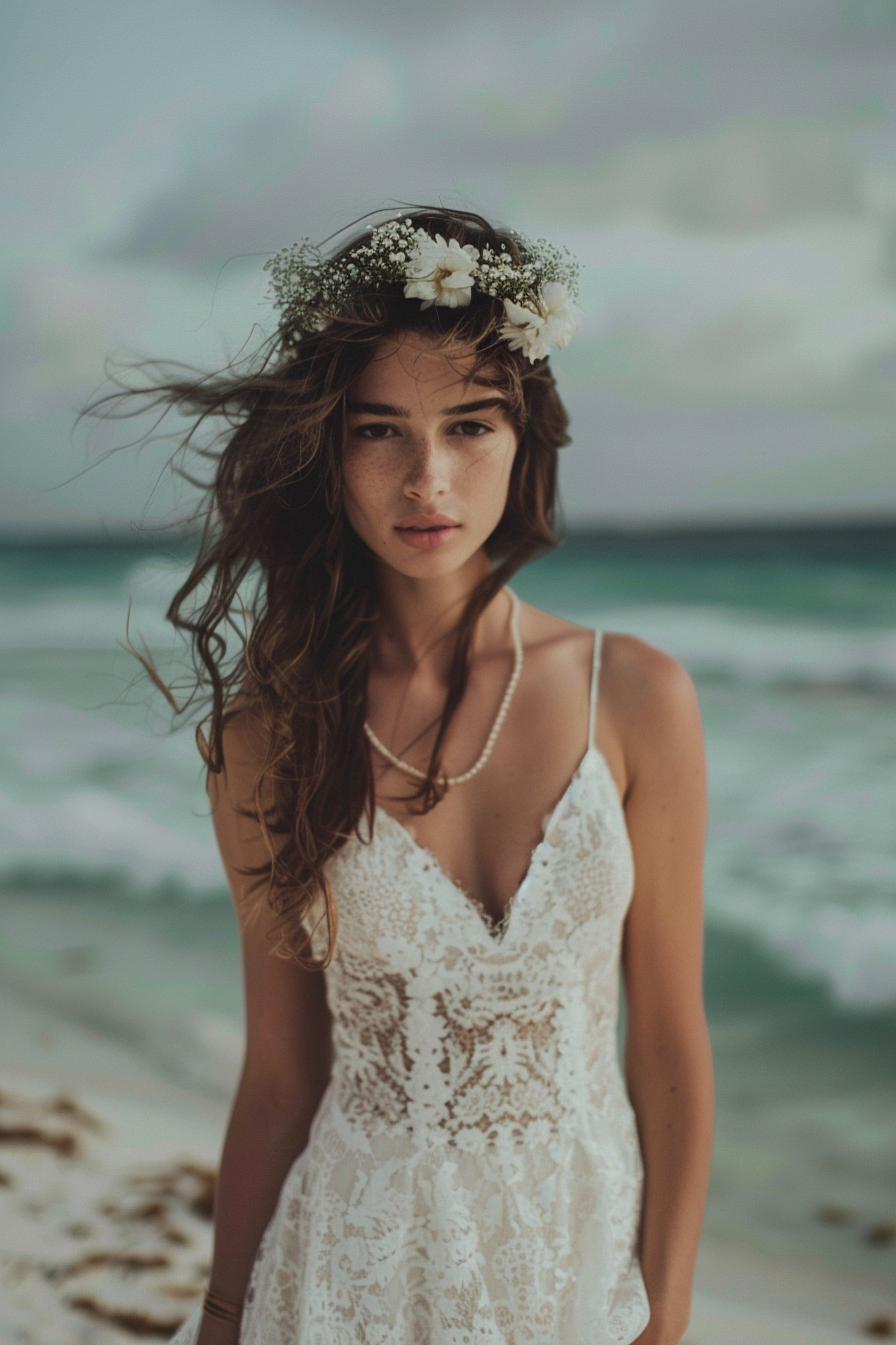 Beach wedding. Spaghetti strap lace dress with flower crown.