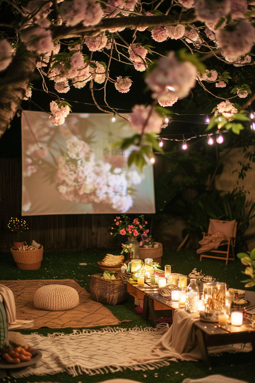 Backyard movie night. Boho picnic under fairy-lit cherry tree with projector screen.