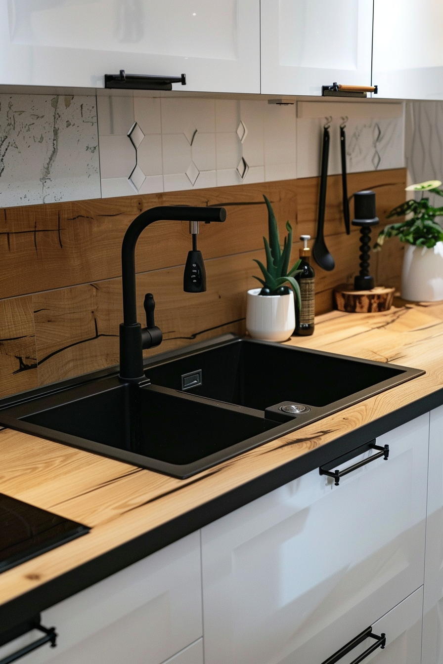 Japandi kitchen. Matte black fixtures against wooden countertops and white cabinets.