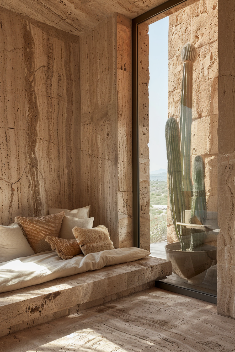 Hotel room. Brushed sandstone walls with large south-facing windows and cacti.