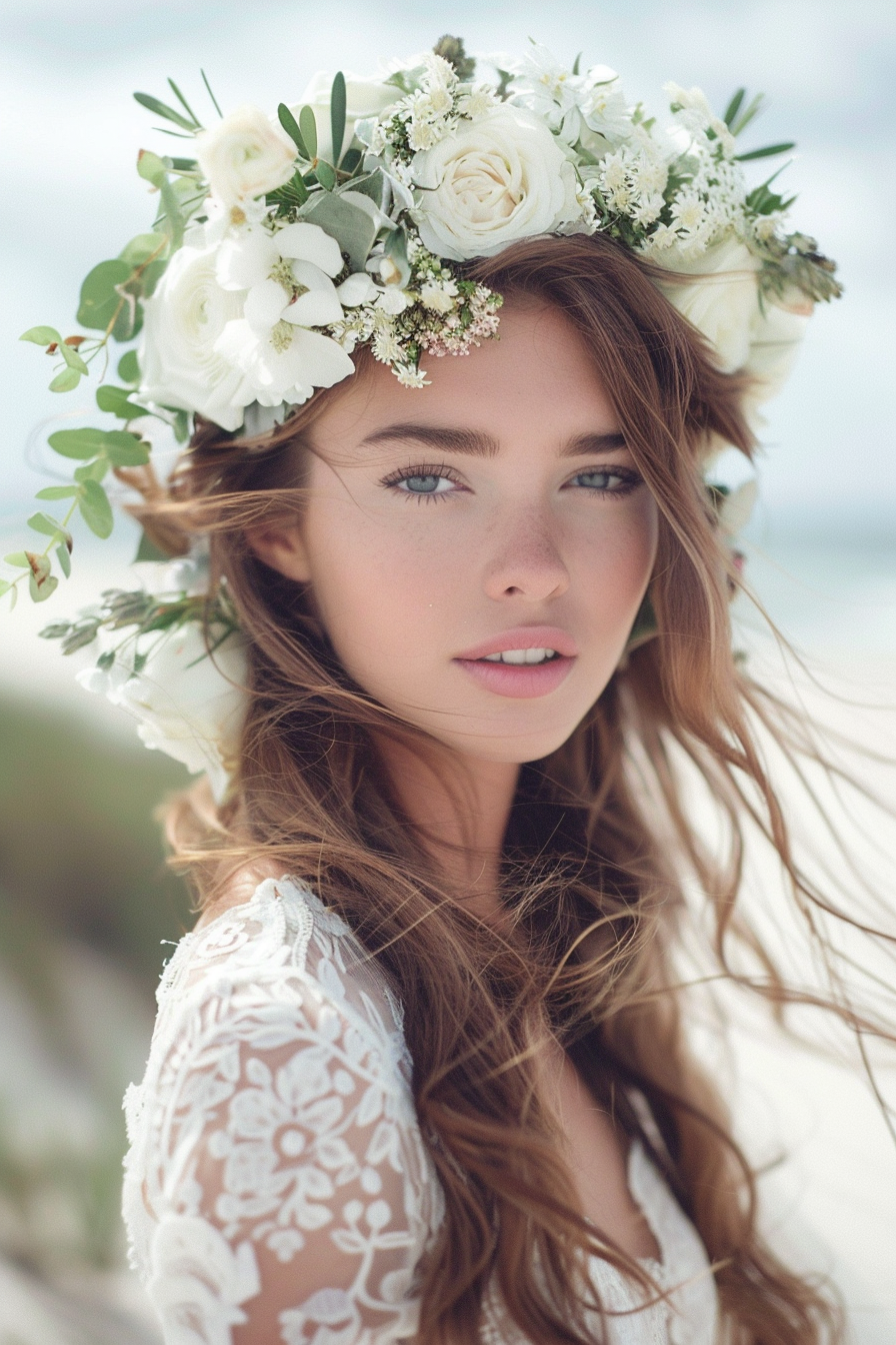 Beach wedding. Flower crown with ethereal white lace bohemian dress.