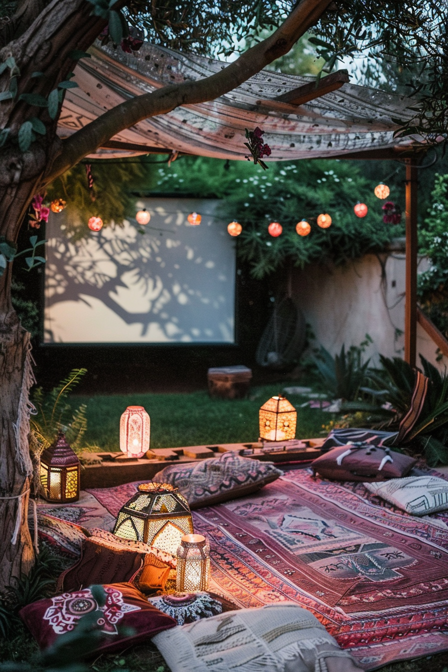 Backyard movie night. Projector screen, bohemian picnic blanket, scattered Moroccan lanterns.