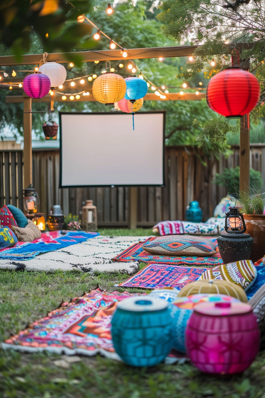 Backyard movie night. Boho patterned blankets, colorful lanterns, and white projector screen.