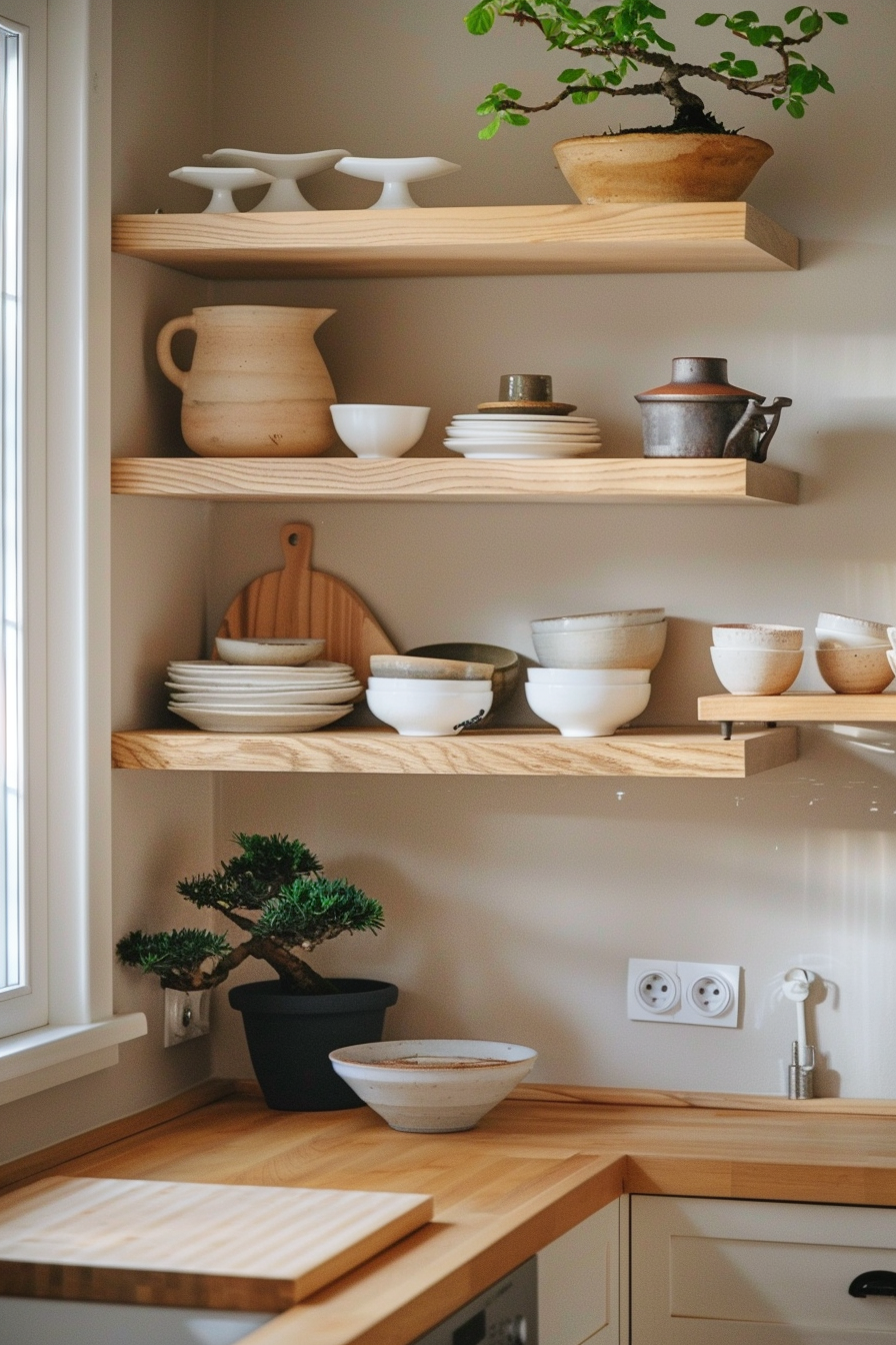 Japandi kitchen corner. Lightwood shelves, sage color wall, potted Bonsai on top shelf.