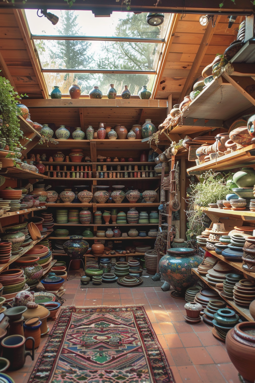 Clay workshop. Handmade pottery on colorful shelves under a large skylight.