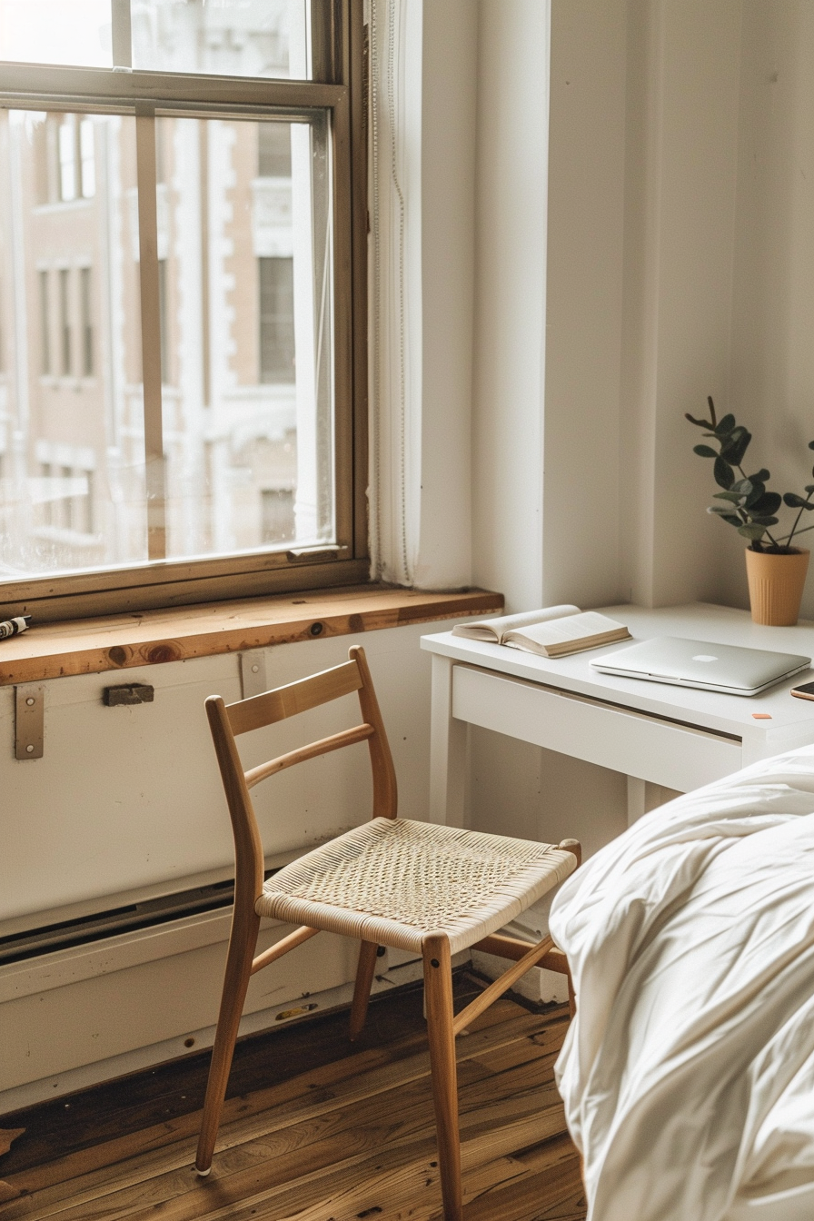 Minimalist dorm room. White wooden writing desk with chair.