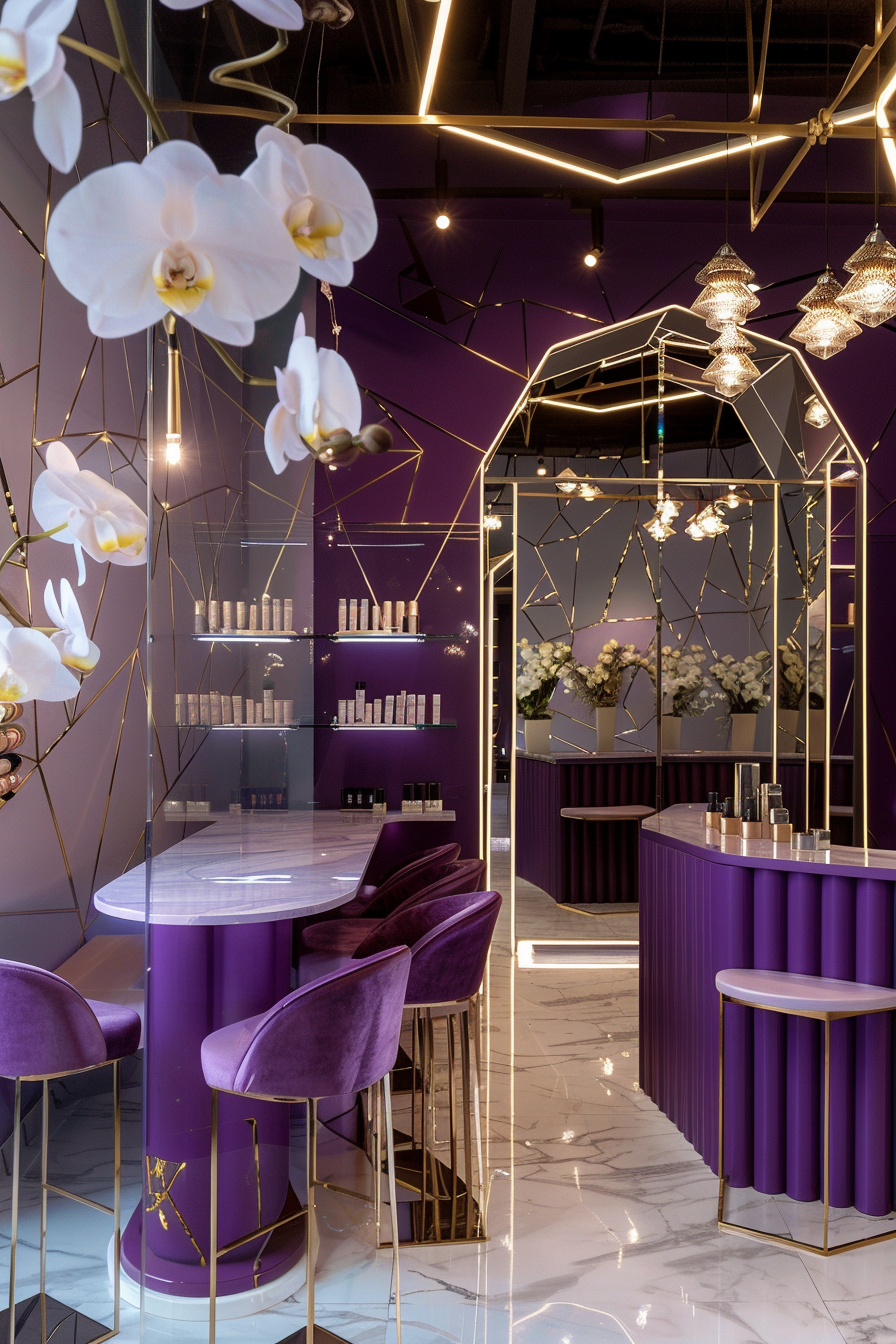 Nail salon. Purple manicure tables, polygonal mirrors, hanging ivory orchids, and gold accessories.