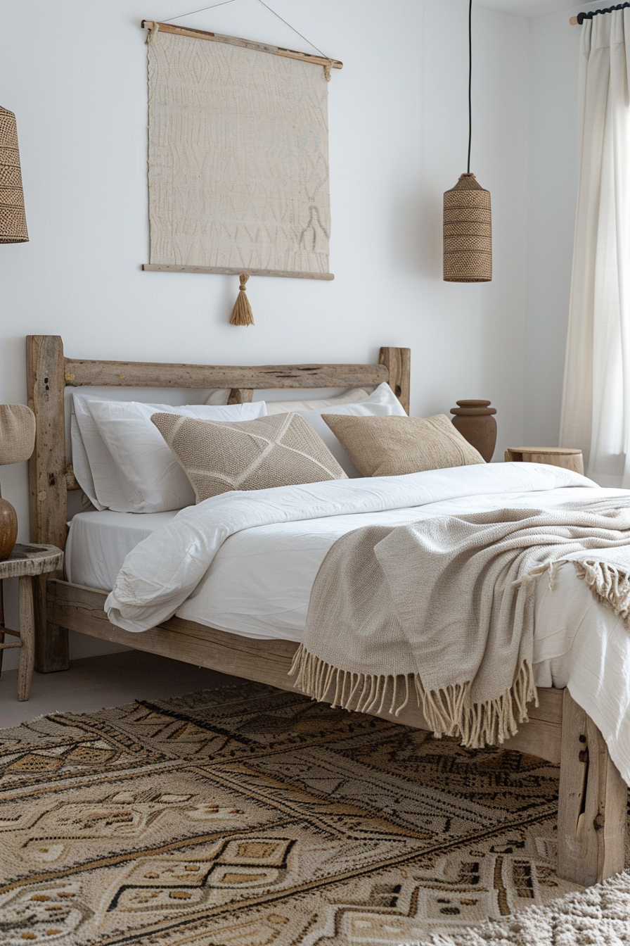 Japandi Aztek Bedroom Design. Whitewashed wooden bed frame with woven Aztec rug.